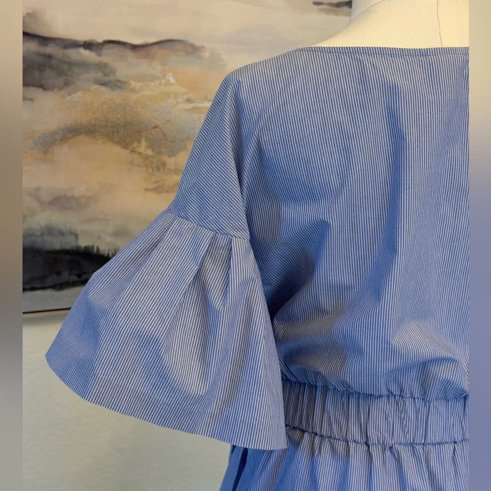 100% cotton Blue White Striped Midi Dress with Flare Sleeves - Picture 7 of 16